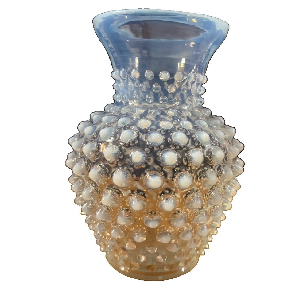 Vintage Opalescent Hobnail Art Glass Vase Blue White Flared Rim 6" MCM